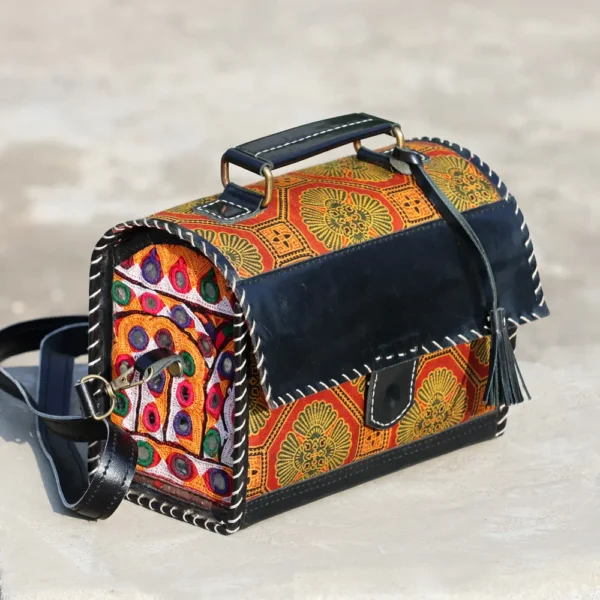 Genuine Leather box bag with ajrakh block print