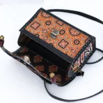 Handcrafted Mirrorwork & Leather Bag With Ajrakh Block Printed Fabric - Image 3