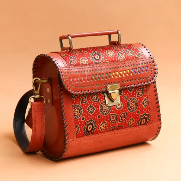 Handcrafted Leather Bag With Ajrakh Block Printed Fabric