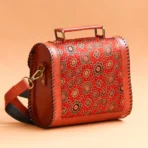 Handcrafted Leather Bag With Ajrakh Block Printed Fabric - Image 5