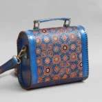 Handcrafted Leather Bag With Ajrakh Block Printed Fabric - Image 6