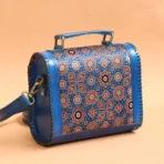 Handcrafted Leather Bag With Ajrakh Block Printed Fabric - Image 3