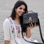 Handcrafted Leather Bag With Ajrakh Block Printed Fabric - Image 2