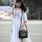 Handcrafted Leather Bag With Ajrakh Block Printed Fabric - Image 6