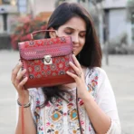 Handcrafted Leather Bag With Ajrakh Block Printed Fabric - Image 6