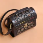 Handcrafted Leather Bag With Ajrakh Block Printed Fabric - Image 5